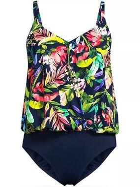 Lands' End Navy Multicolor Floral One-Piece Swimsuit size 12 new in bag w/ tag